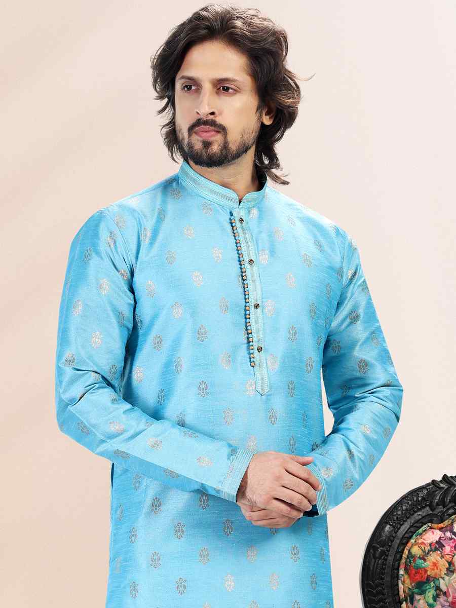 Blue Jacquard Banarasi Silk Woven Festival Wedding Kurta