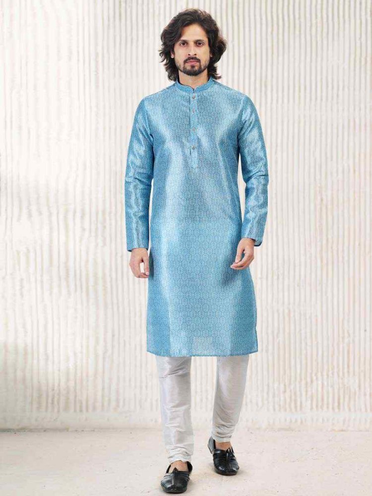 Blue Jacquard Banarasi Silk Woven Festival Wedding Kurta