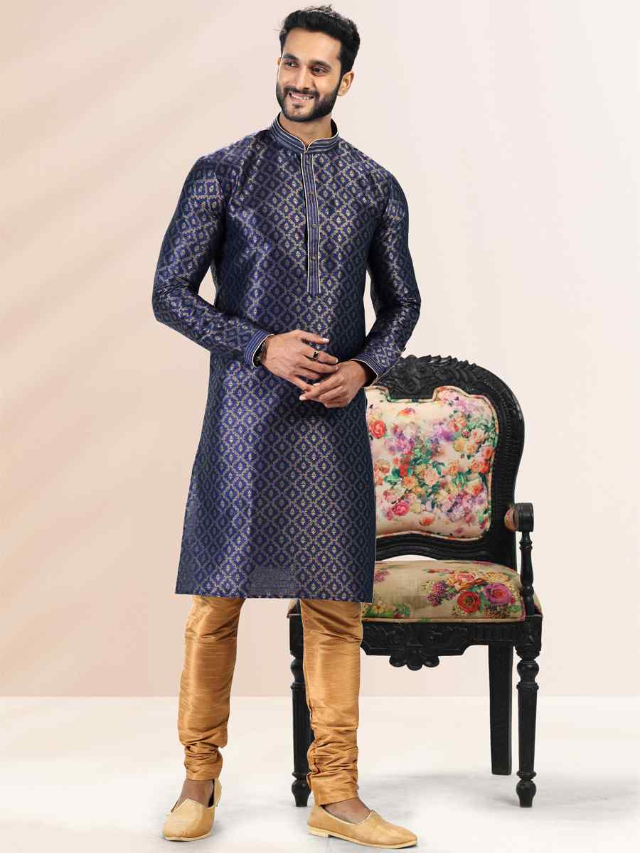 Blue Jacquard Banarasi Silk Woven Festival Wedding Kurta