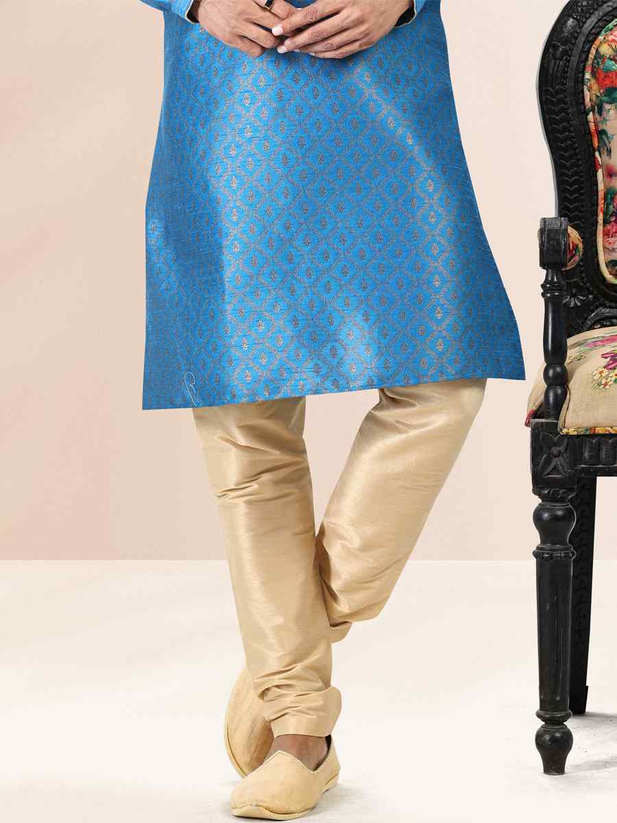 Blue Jacquard Banarasi Silk Woven Festival Wedding Kurta
