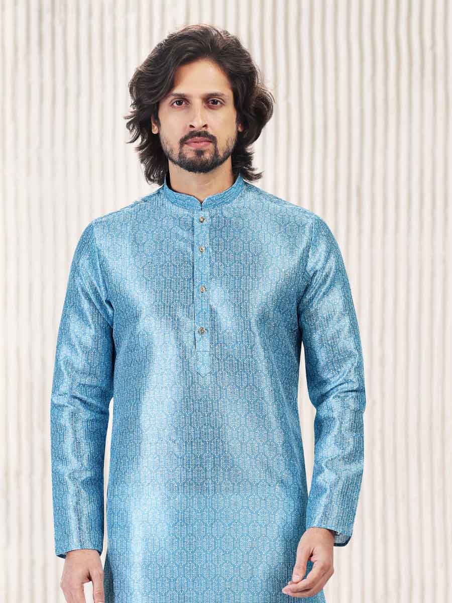 Blue Jacquard Banarasi Silk Woven Festival Wedding Kurta