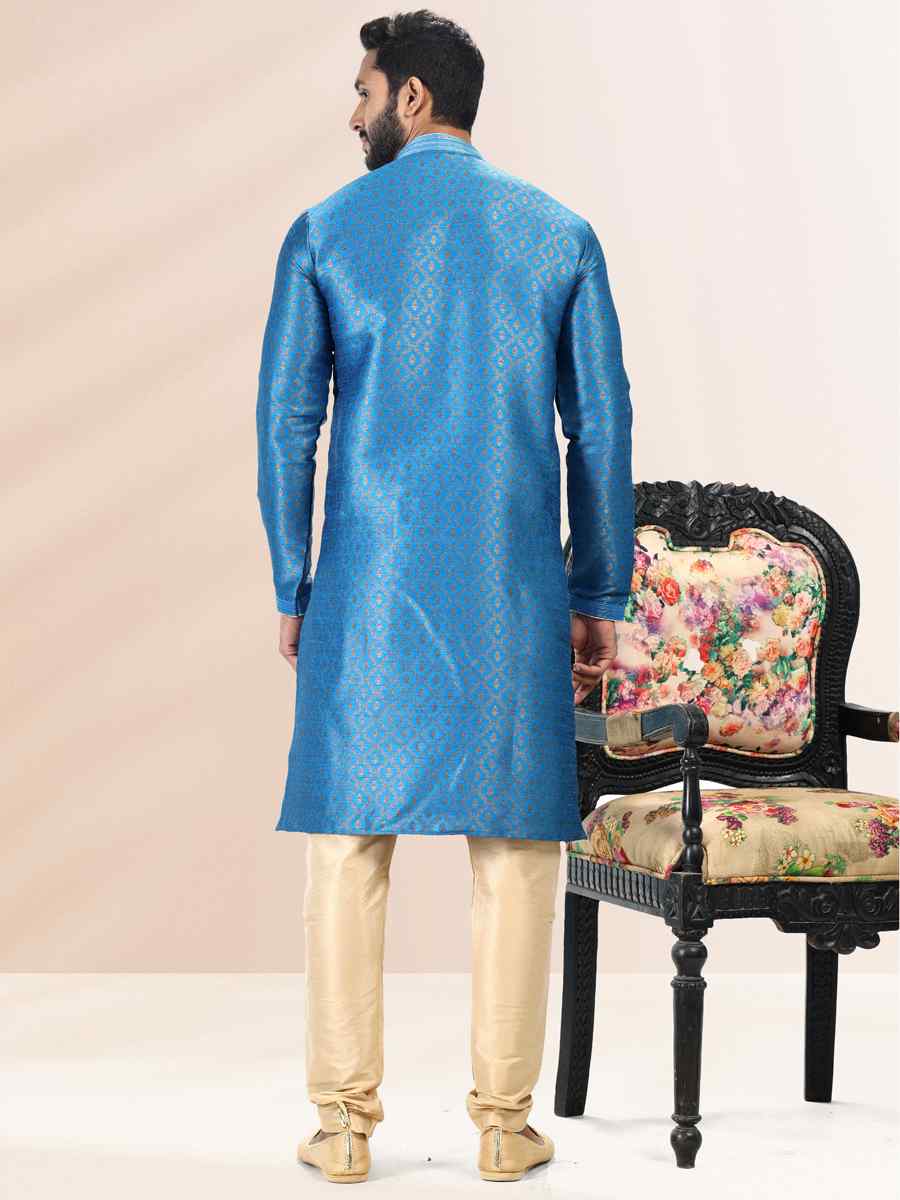 Blue Jacquard Banarasi Silk Woven Festival Wedding Kurta