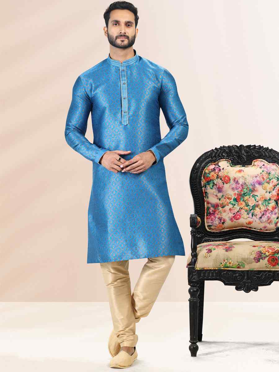 Blue Jacquard Banarasi Silk Woven Festival Wedding Kurta