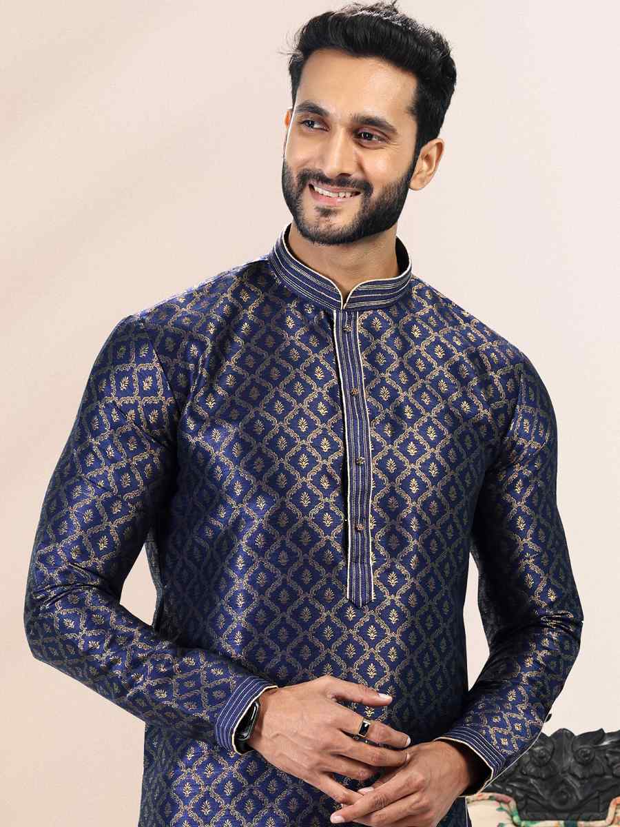 Blue Jacquard Banarasi Silk Woven Festival Wedding Kurta