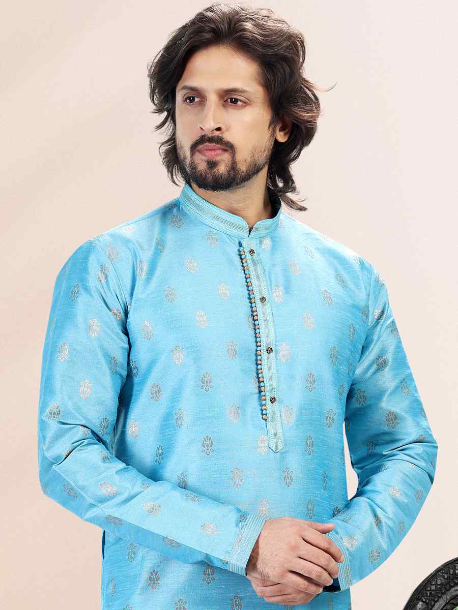Blue Jacquard Banarasi Silk Woven Festival Wedding Kurta