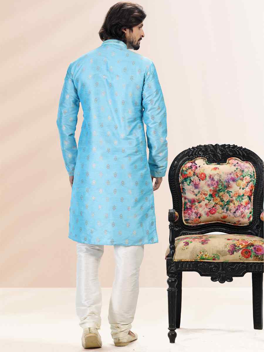 Blue Jacquard Banarasi Silk Woven Festival Wedding Kurta