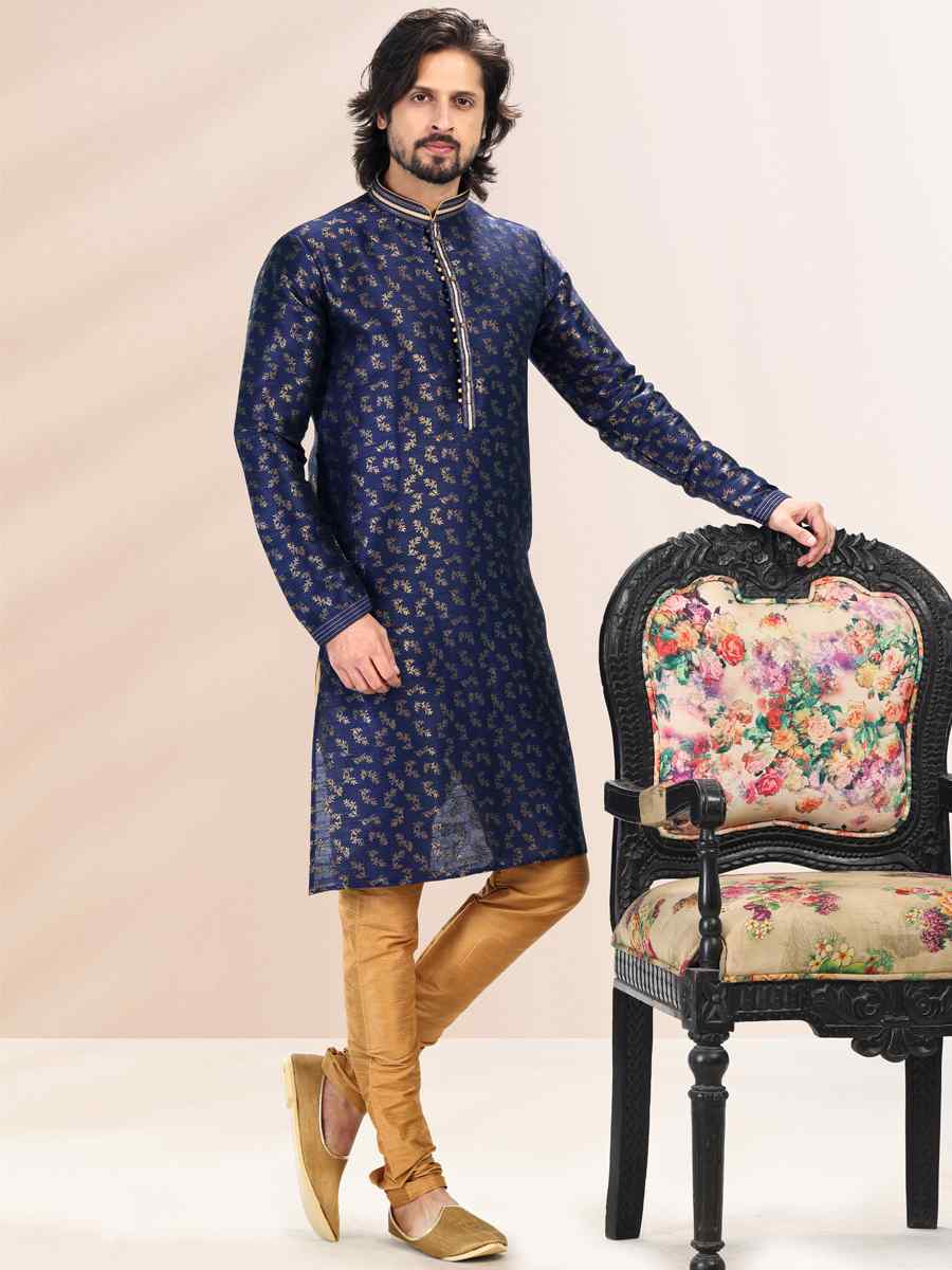 Blue Jacquard Banarasi Silk Woven Festival Wedding Kurta