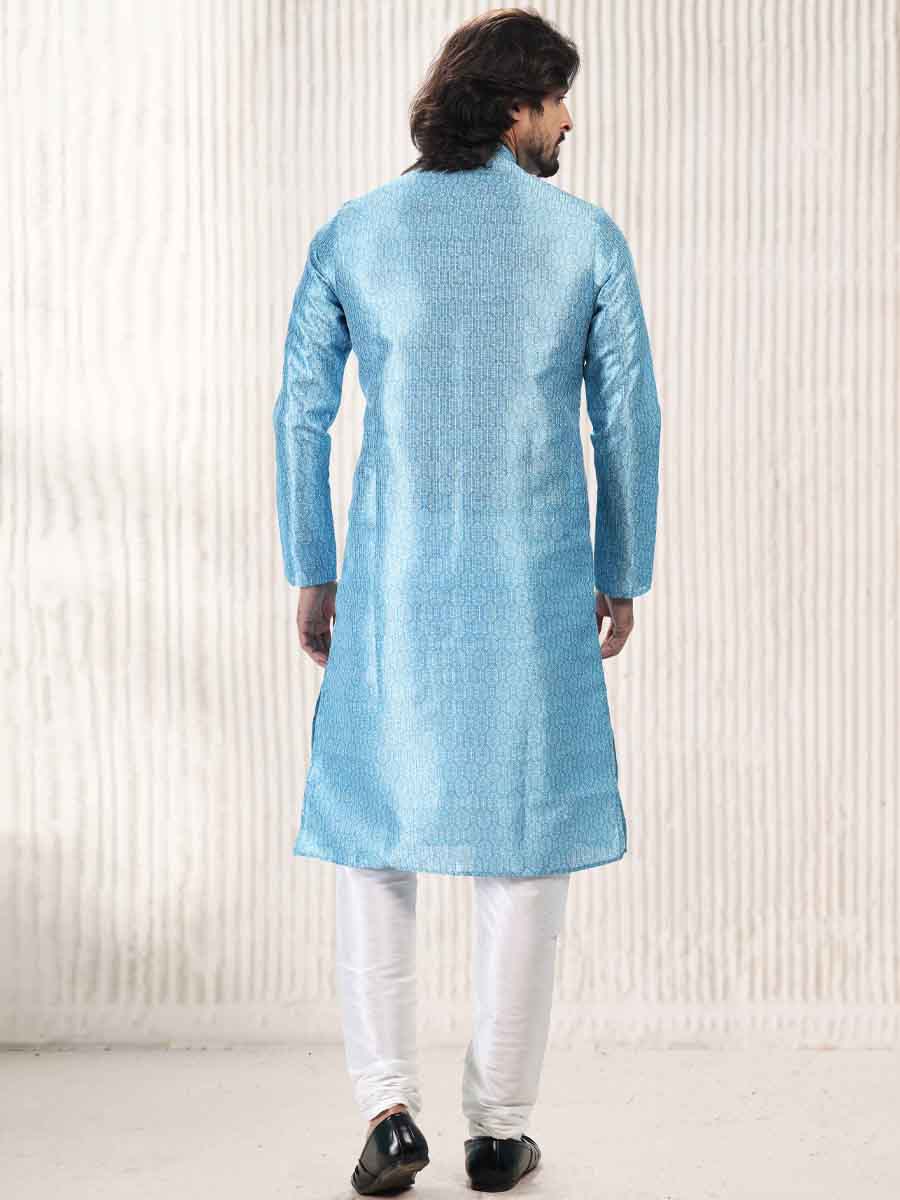 Blue Jacquard Banarasi Silk Woven Festival Wedding Kurta