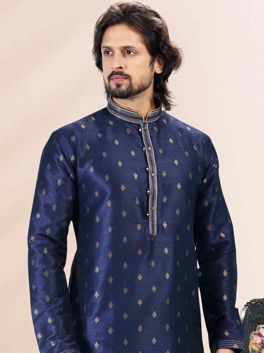 Blue Jacquard Banarasi Silk Woven Festival Wedding Kurta