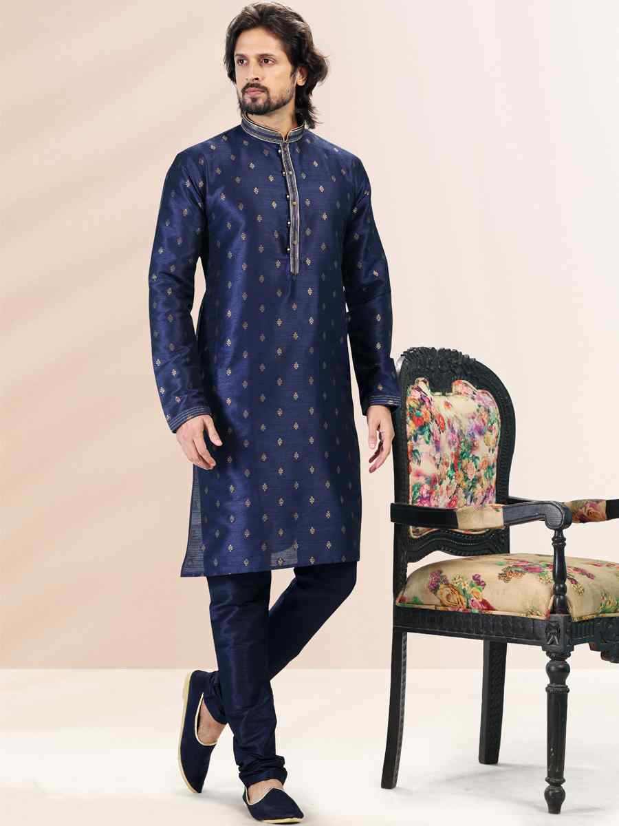 Blue Jacquard Banarasi Silk Woven Festival Wedding Kurta