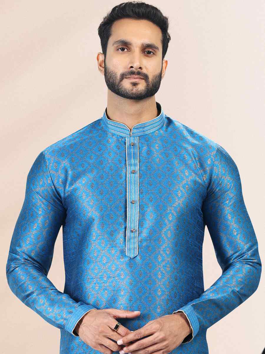 Blue Jacquard Banarasi Silk Woven Festival Wedding Kurta