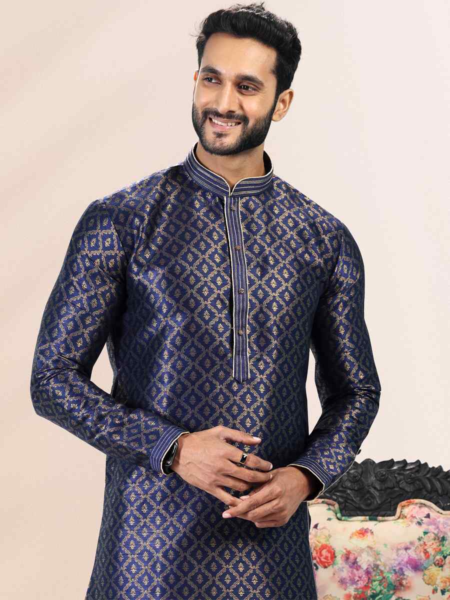 Blue Jacquard Banarasi Silk Woven Festival Wedding Kurta