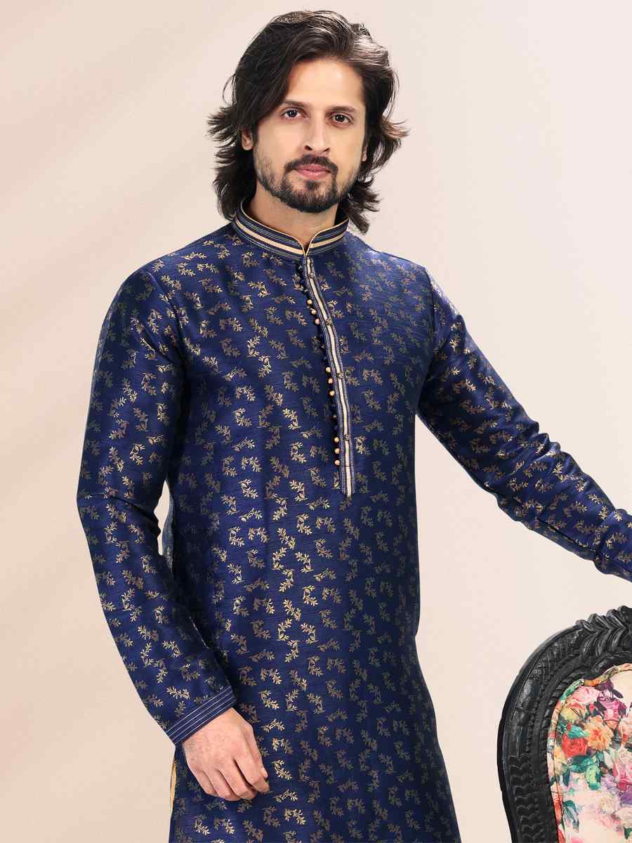 Blue Jacquard Banarasi Silk Woven Festival Wedding Kurta