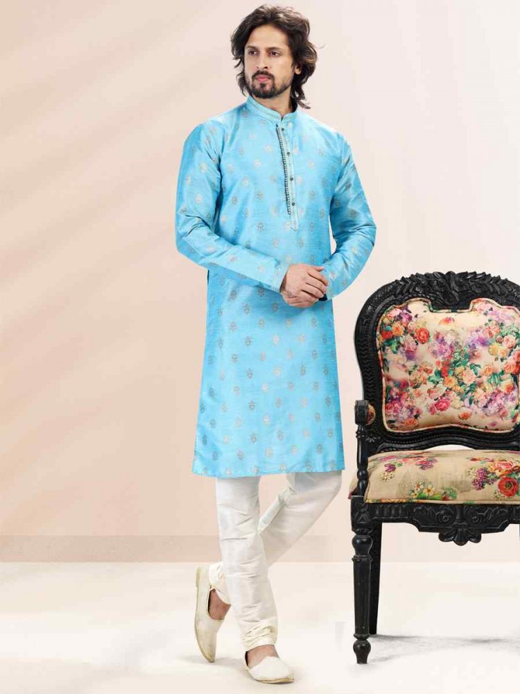 Blue Jacquard Banarasi Silk Woven Festival Wedding Kurta