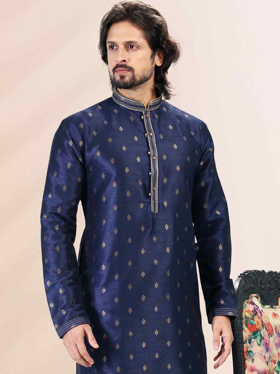 Blue Jacquard Banarasi Silk Woven Festival Wedding Kurta