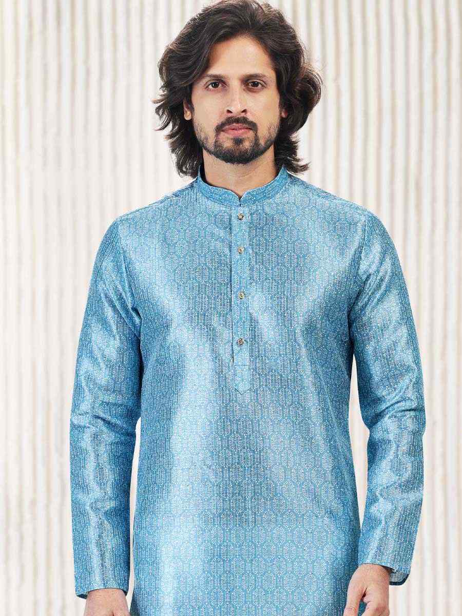 Blue Jacquard Banarasi Silk Woven Festival Wedding Kurta