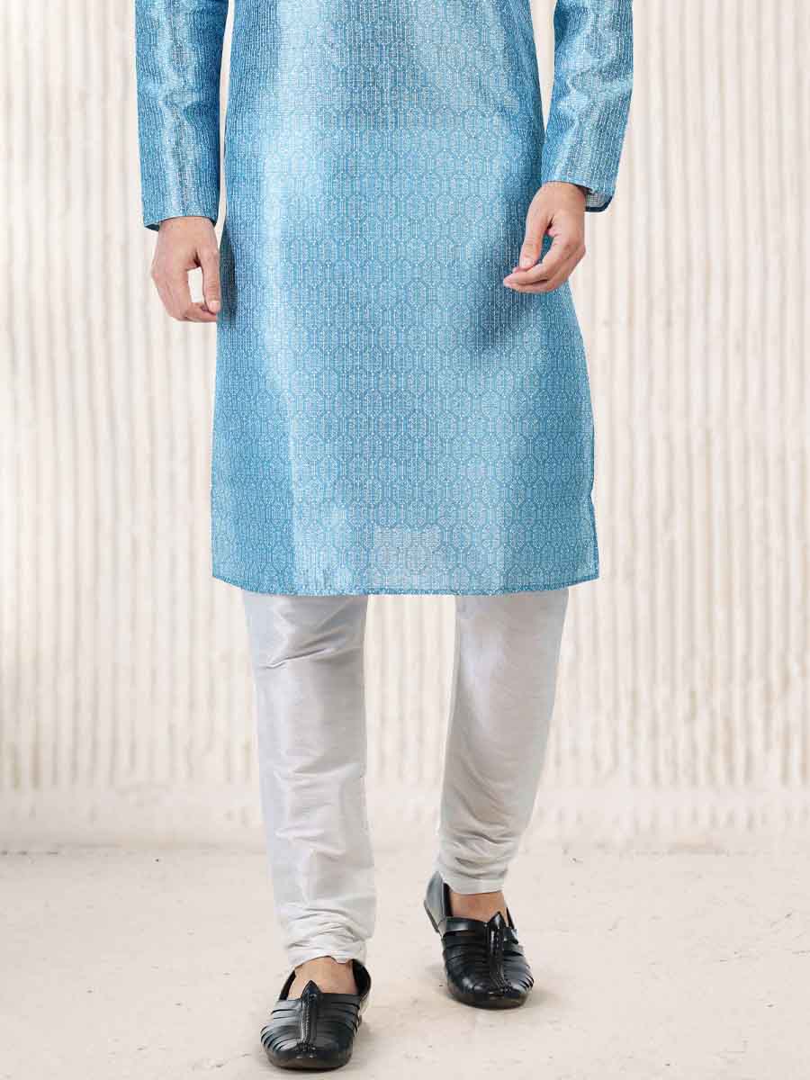 Blue Jacquard Banarasi Silk Woven Festival Wedding Kurta
