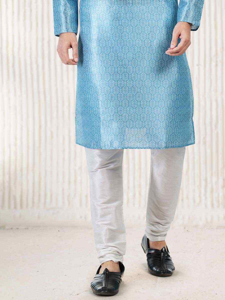 Blue Jacquard Banarasi Silk Woven Festival Wedding Kurta