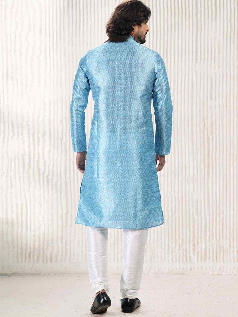 Blue Jacquard Banarasi Silk Woven Festival Wedding Kurta