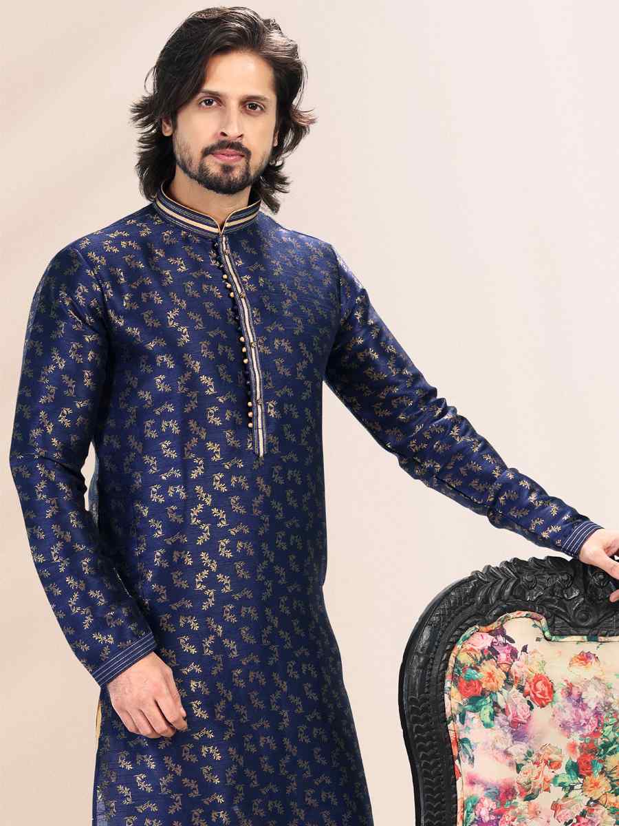 Blue Jacquard Banarasi Silk Woven Festival Wedding Kurta