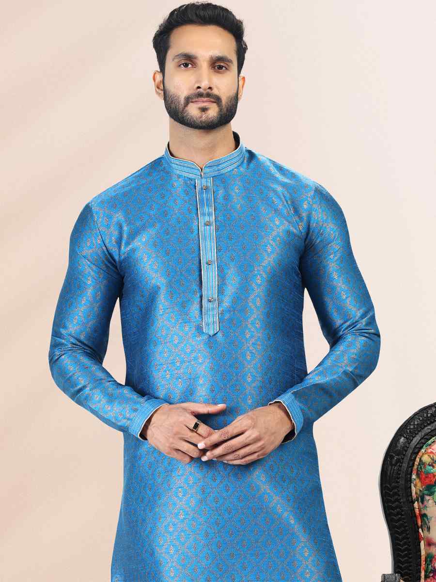 Blue Jacquard Banarasi Silk Woven Festival Wedding Kurta