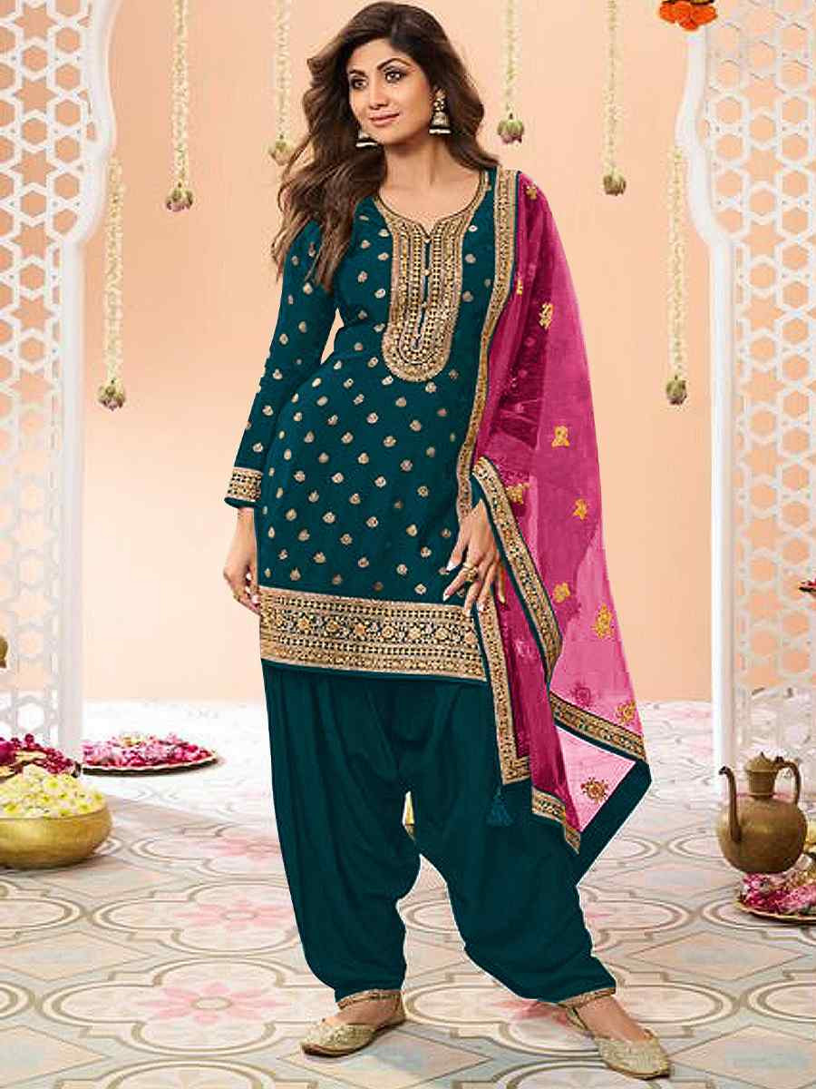 Blue Jacquard Embroidered Festival Casual Weeding Patiala Salwar Kameez