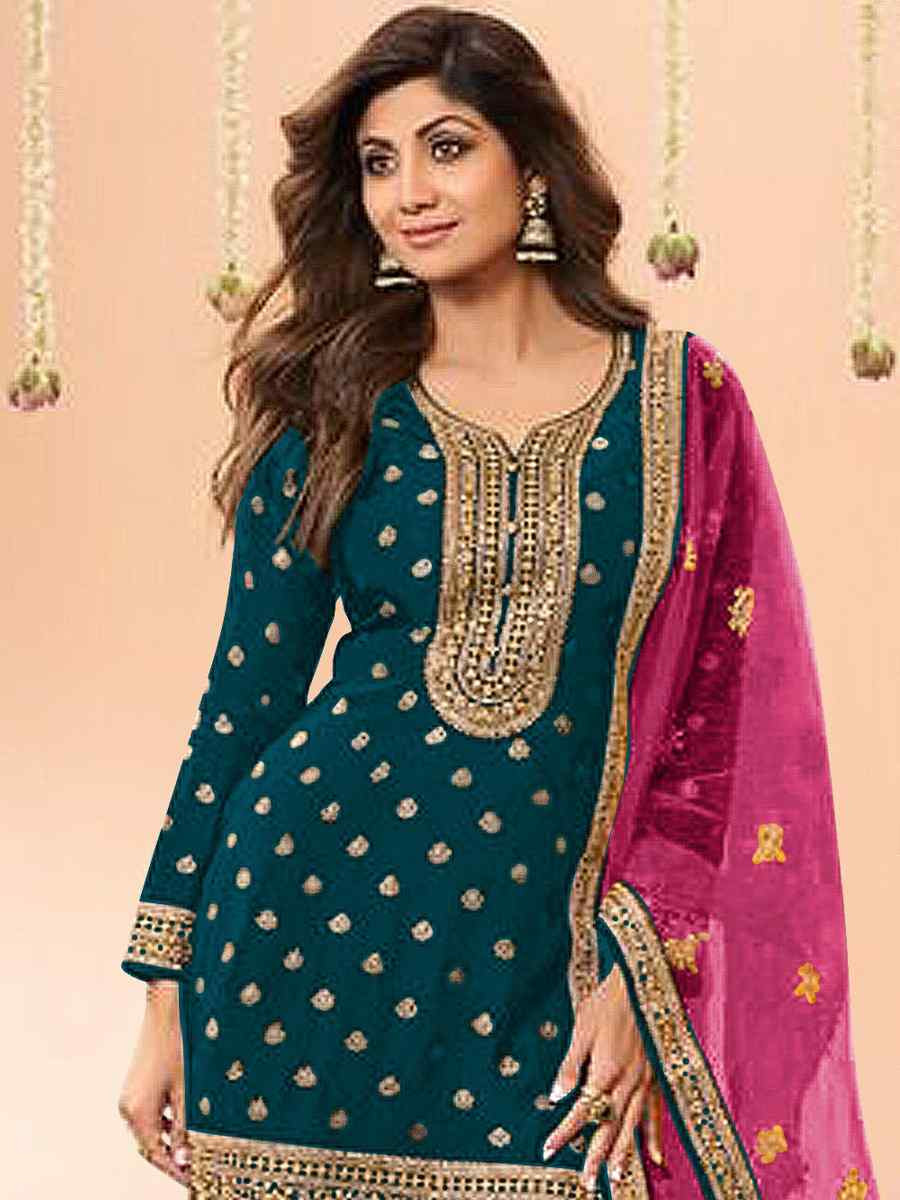 Blue Jacquard Embroidered Festival Casual Weeding Patiala Salwar Kameez
