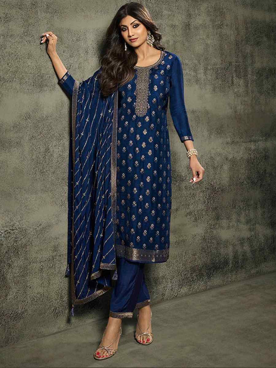 Blue Jacquard Embroidered Festival Mehendi Pant Bollywood Style Salwar Kameez