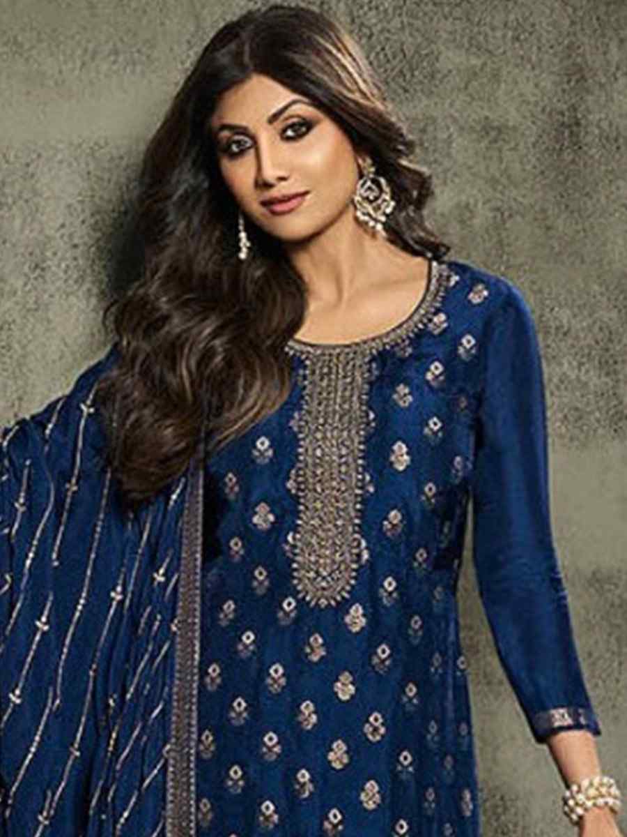 Blue Jacquard Embroidered Festival Mehendi Pant Bollywood Style Salwar Kameez