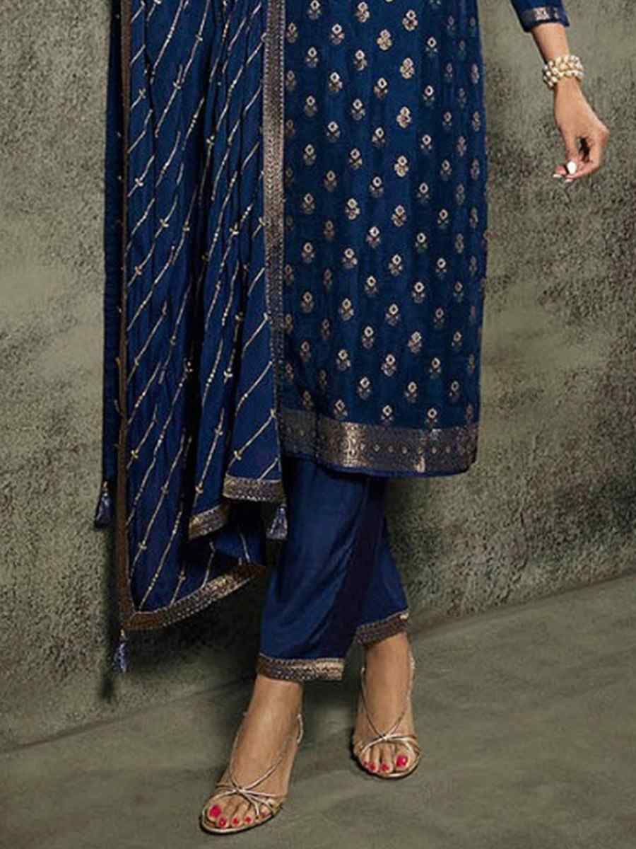 Blue Jacquard Embroidered Festival Mehendi Pant Bollywood Style Salwar Kameez
