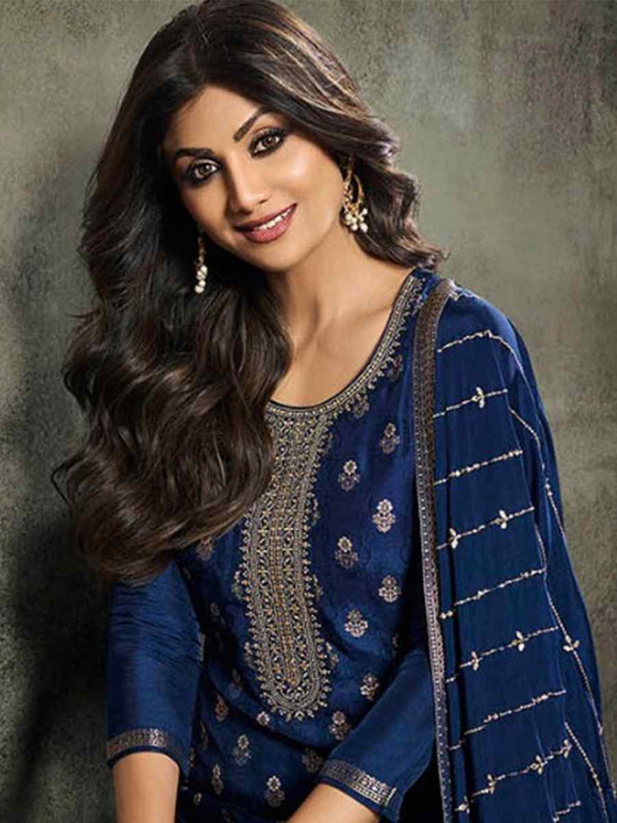 Blue Jacquard Embroidered Festival Mehendi Pant Bollywood Style Salwar Kameez