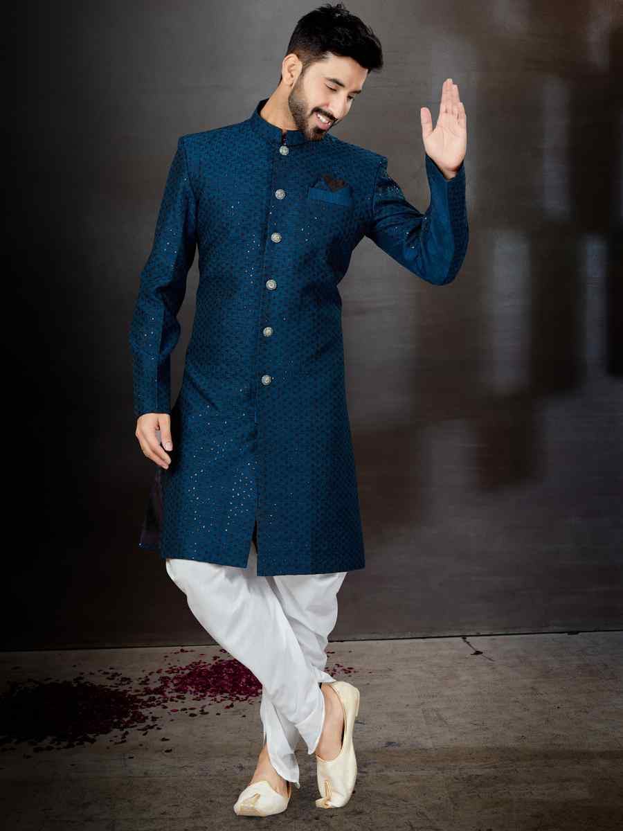 Blue Jacquard Embroidered Festival Wedding Sherwani