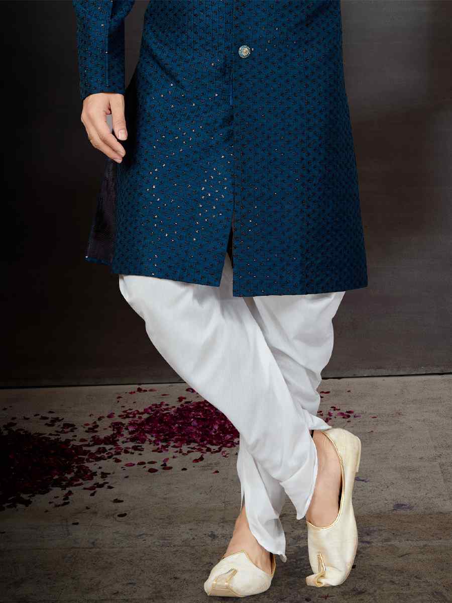 Blue Jacquard Embroidered Festival Wedding Sherwani