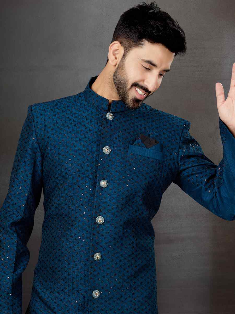 Blue Jacquard Embroidered Festival Wedding Sherwani
