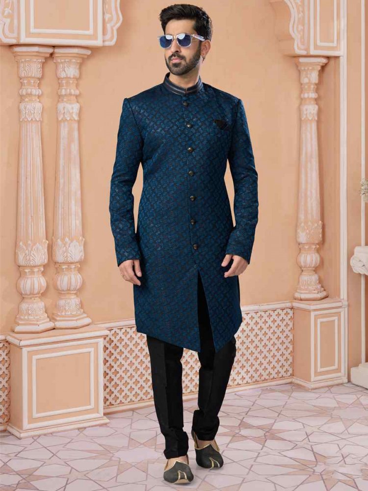 Blue Jacquard Embroidered Groom Wedding Sherwani