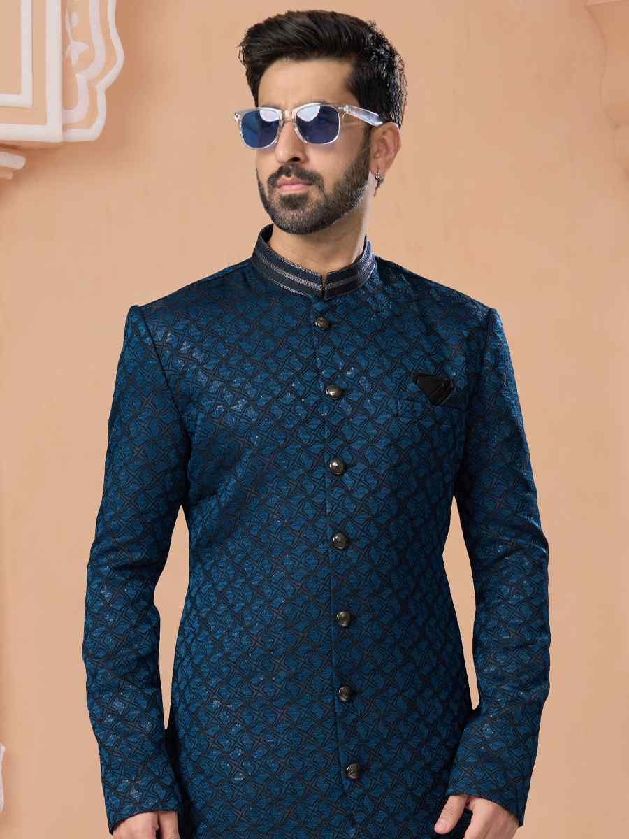 Blue Jacquard Embroidered Groom Wedding Sherwani