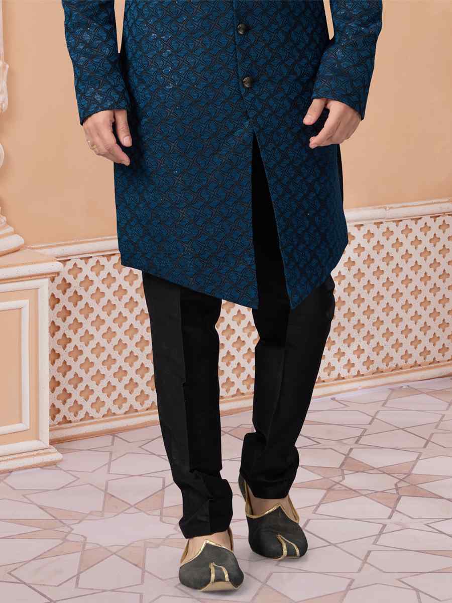 Blue Jacquard Embroidered Groom Wedding Sherwani