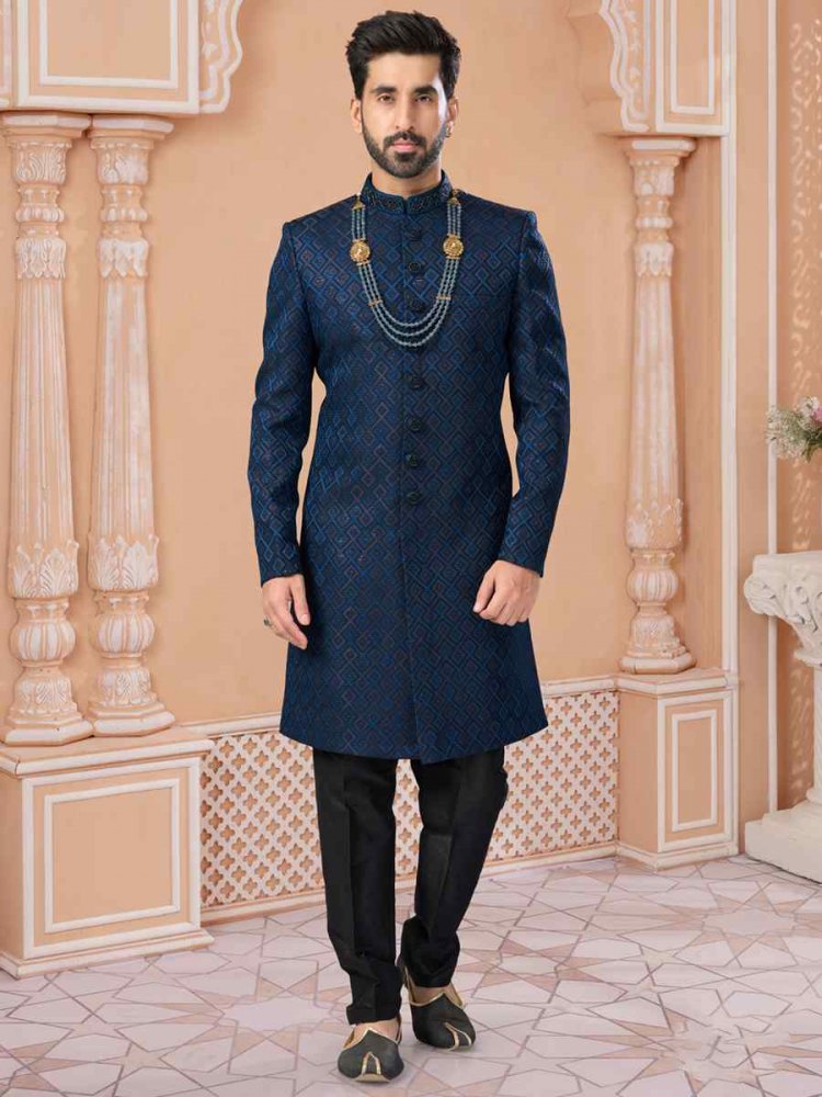 Blue Jacquard Embroidered Groom Wedding Sherwani