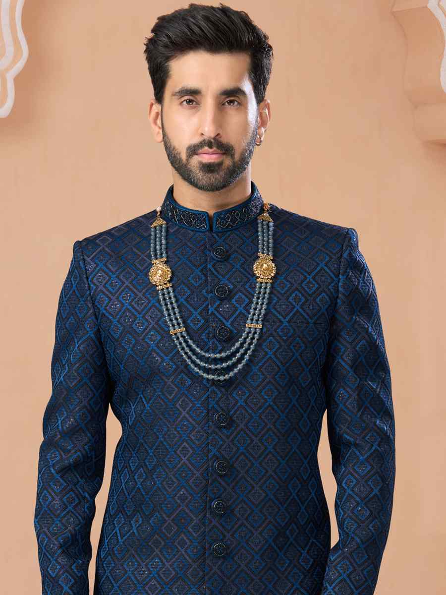 Blue Jacquard Embroidered Groom Wedding Sherwani