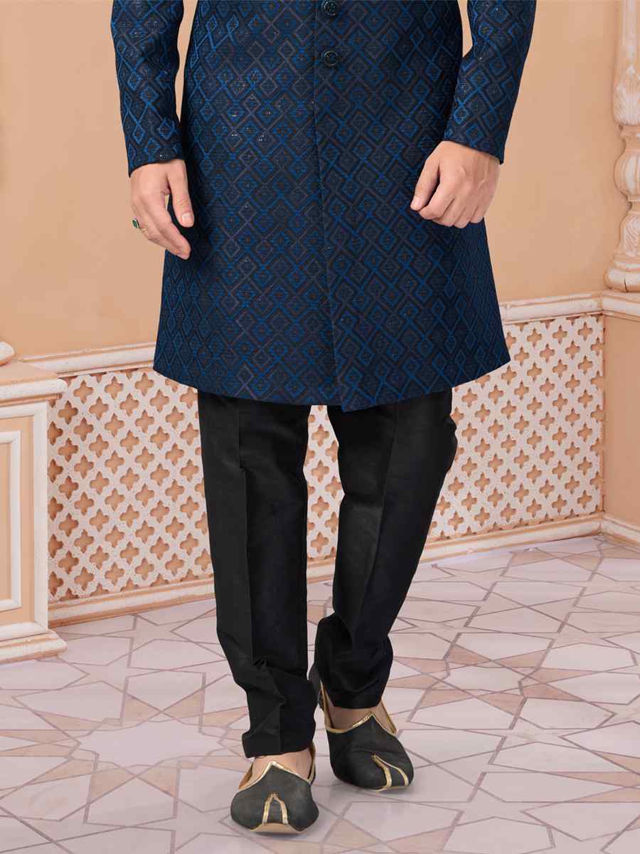 Blue Jacquard Embroidered Groom Wedding Sherwani