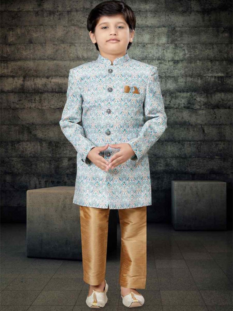 Blue Jacquard Printed Festival Traditional Kurta Pyjama Boys Wear