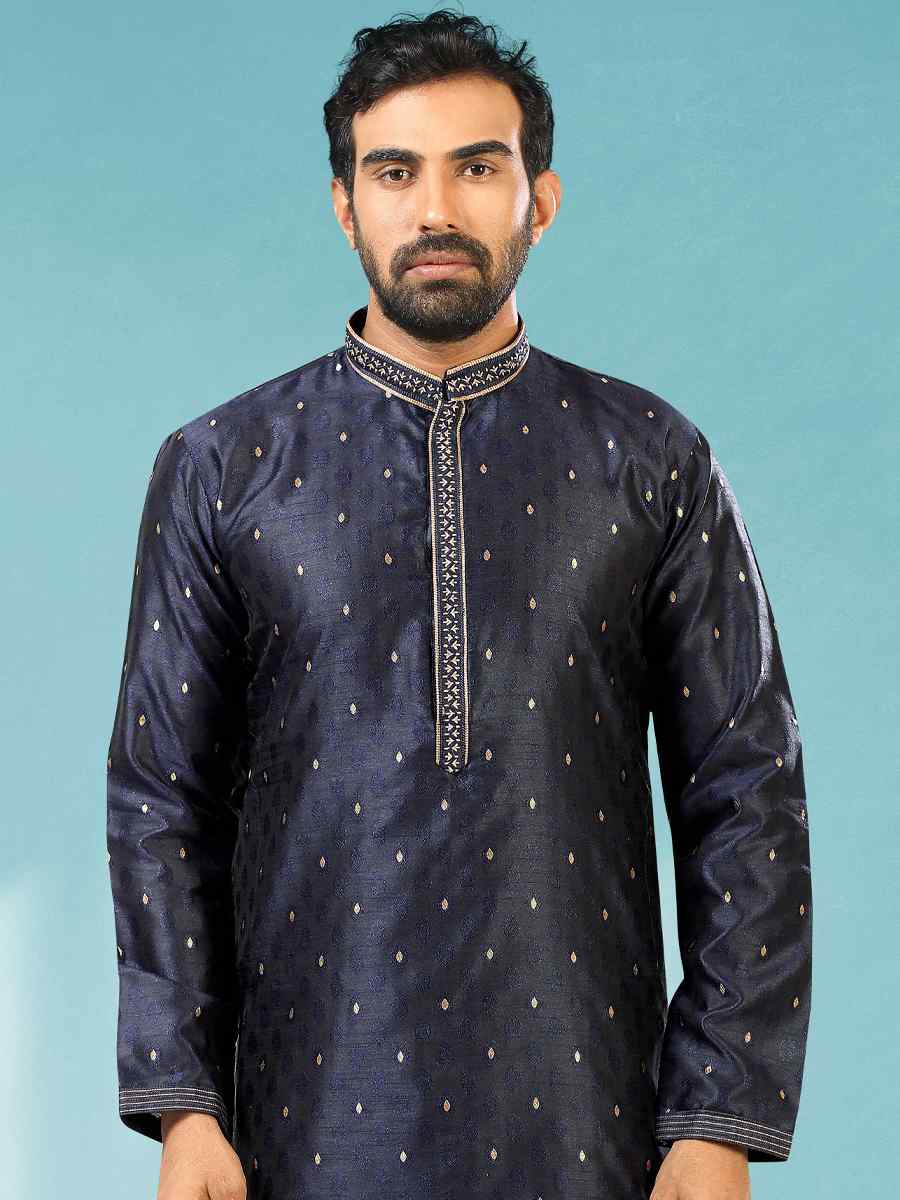 Blue Jacquard Silk Brocade Woven Party Churidar Kurta