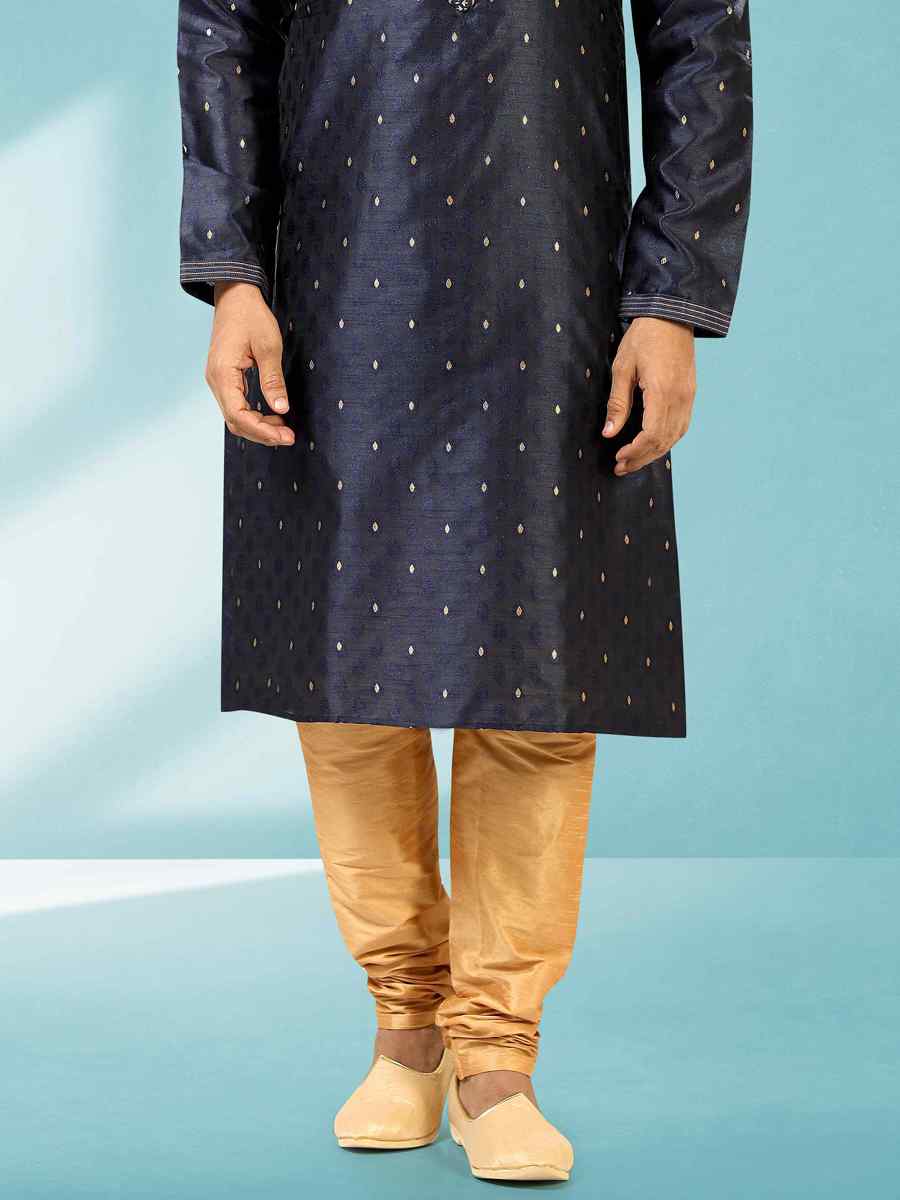 Blue Jacquard Silk Brocade Woven Party Churidar Kurta