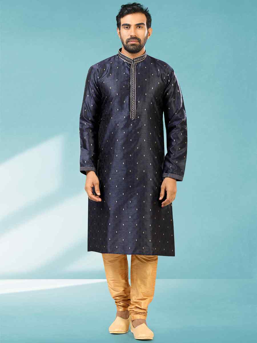 Blue Jacquard Silk Brocade Woven Party Churidar Kurta
