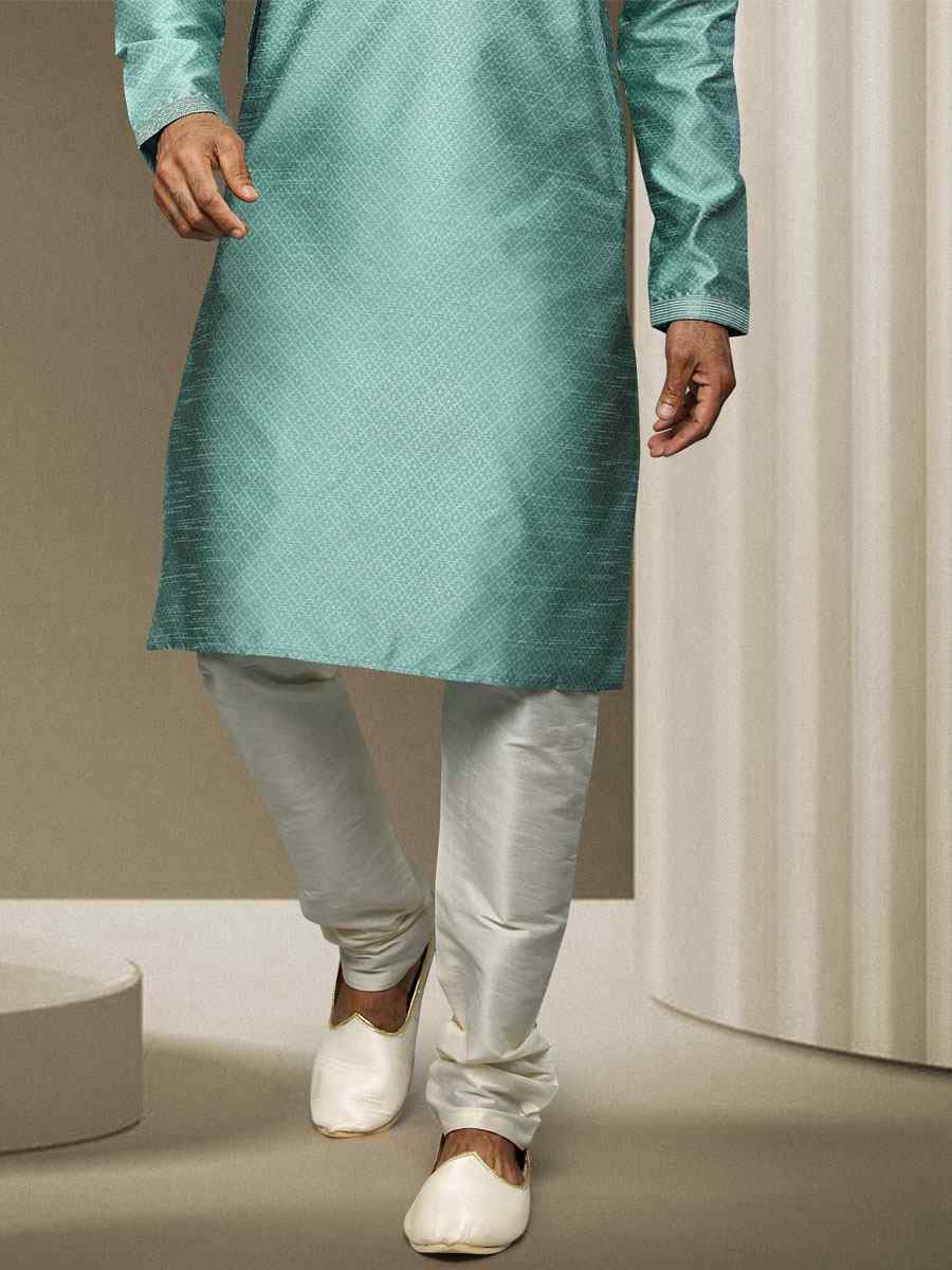 Blue Jacquard Silk Brocade Woven Party Kurta