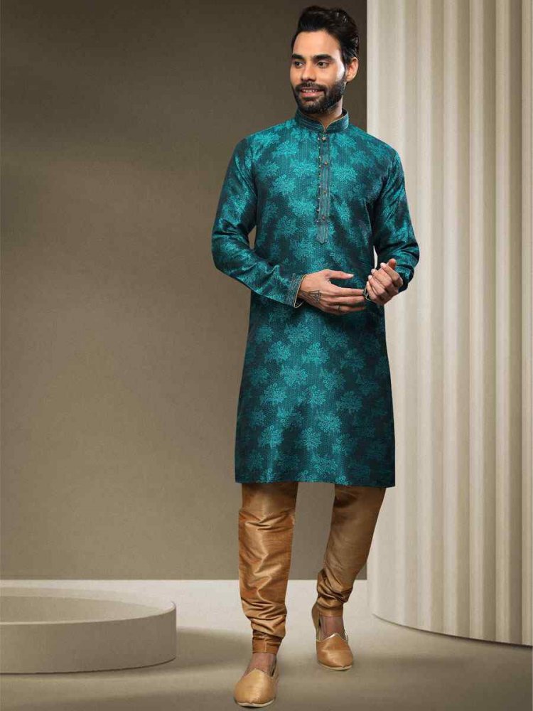 Blue Jacquard Silk Brocade Woven Party Kurta