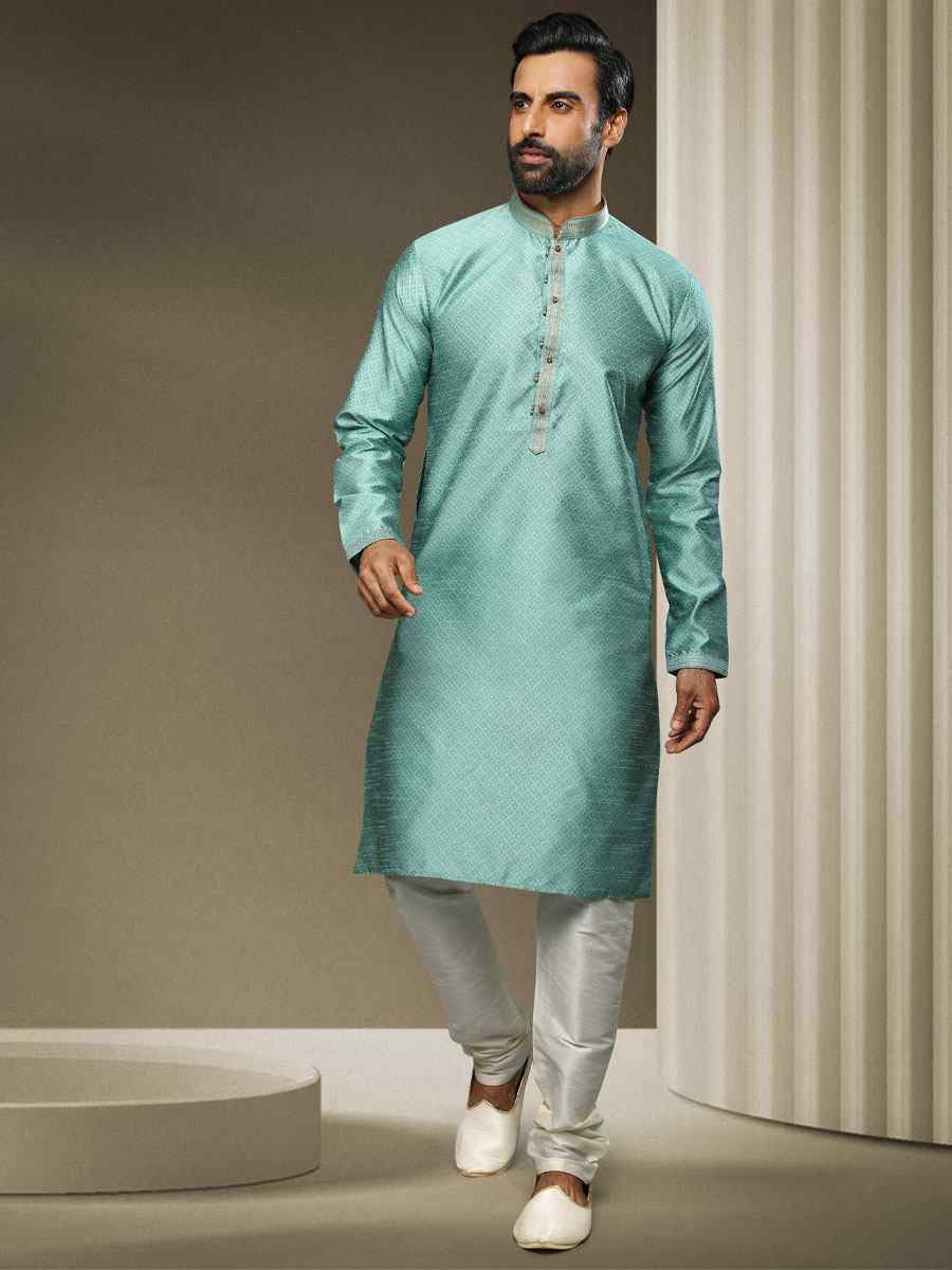 Blue Jacquard Silk Brocade Woven Party Kurta
