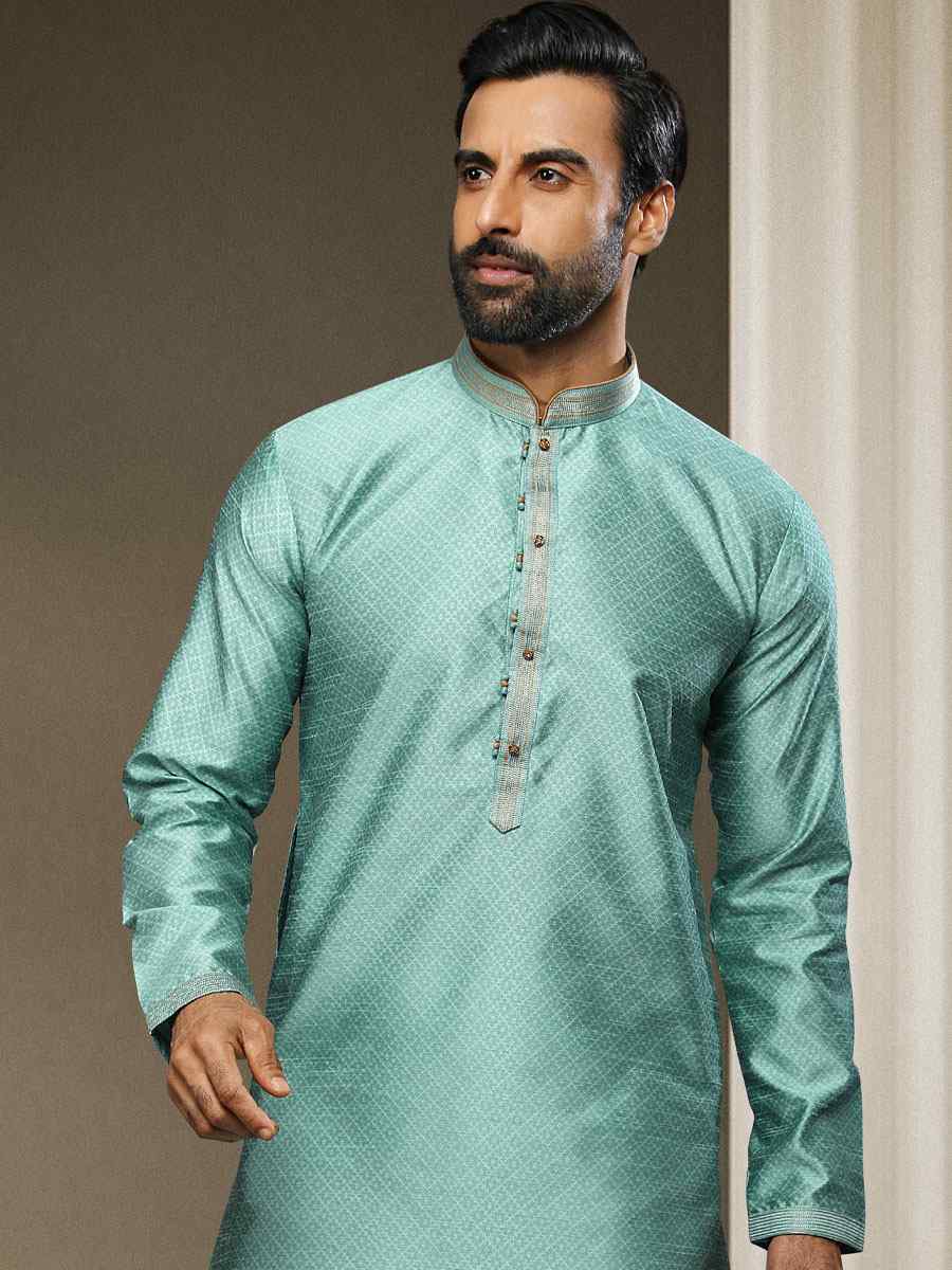 Blue Jacquard Silk Brocade Woven Party Kurta