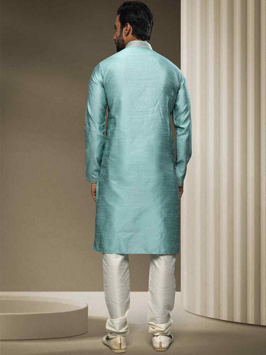 Blue Jacquard Silk Brocade Woven Party Kurta