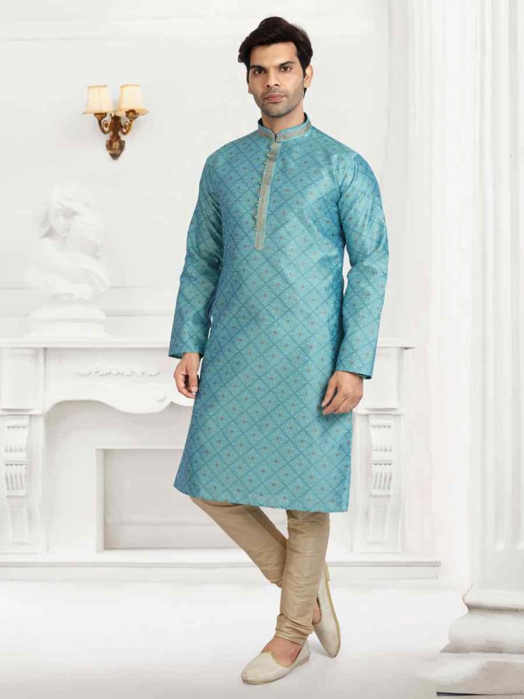 Blue Jacquard Silk Brocade Woven Plain Wedding Party Kurta